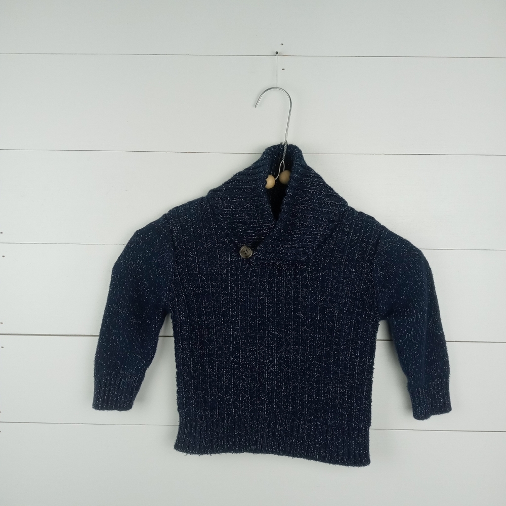 Cat & Jack boys size 18 mos navy white flex large collar sweater waffle stitched
